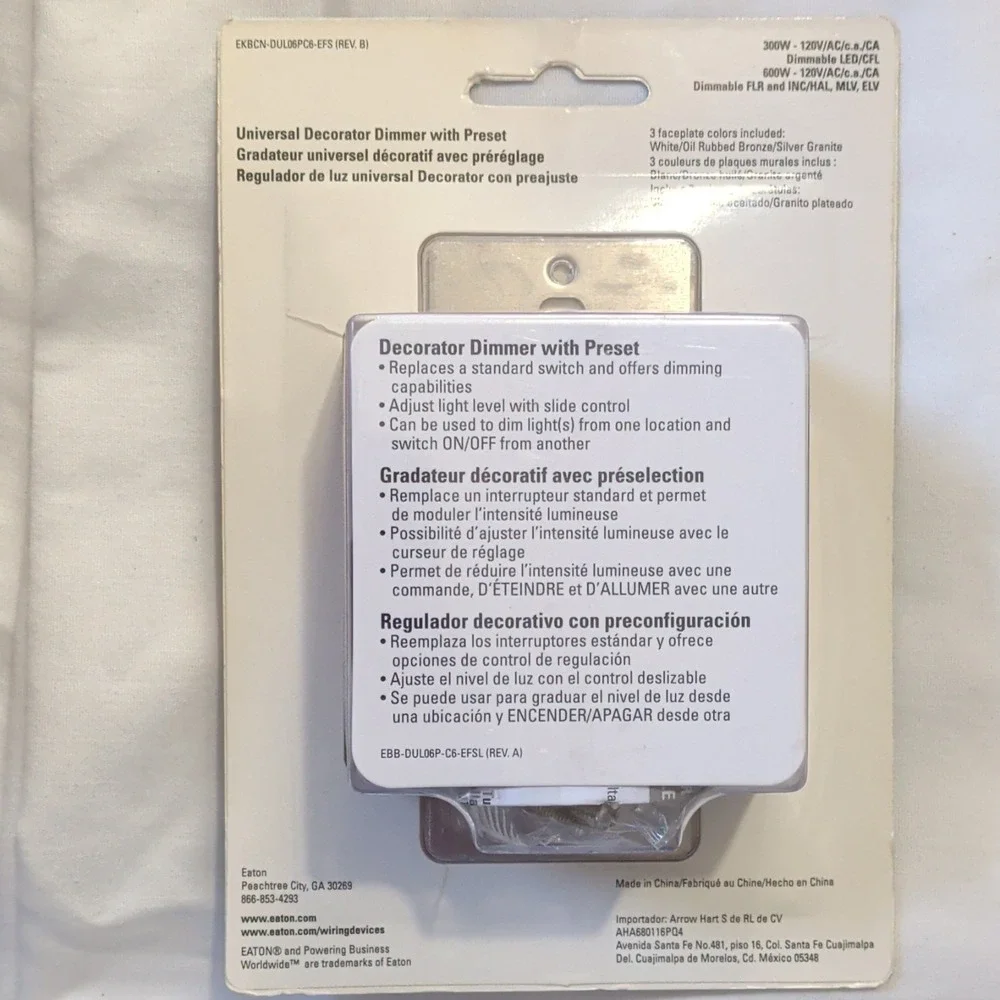 Eaton DUL06P-C6 Decorator Slide Dimmer, Preset, LED/CFL, 120V, 3-Way